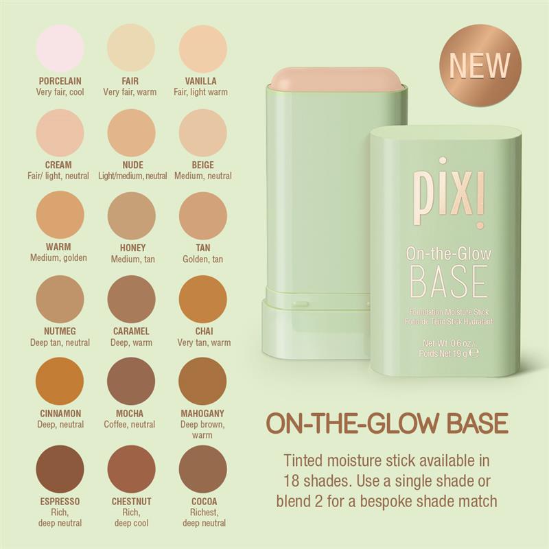 On the Glow Base shades. On-the-Glow Base shades 18 shades of tinted moisture stick available. Use a single shade or blend 2 for a bespoke shade match.
