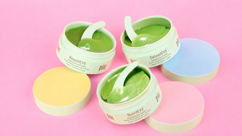 Eye Patch Best Sellers Trio featuring NurtifEYE, BeautifEYE and DetoxifEYE on a pink background - View 3