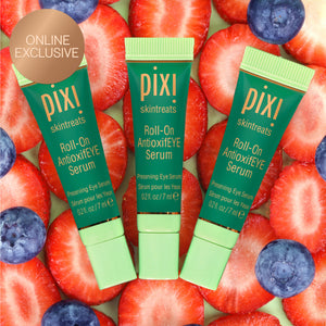 Online Exclusive: Pixi Roll-on AntioxifEYE Serum shown with berries background