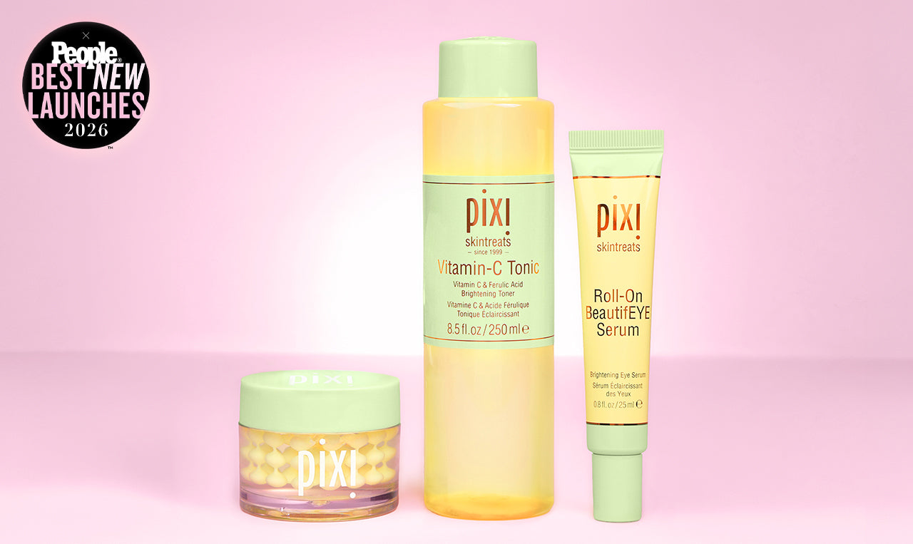 Pixi skincare products on a pink background including Vitamin-C CremeSerum, Tonic and Roll-On BeautifEYE Serum. Badge for People's Best New Launches 2026