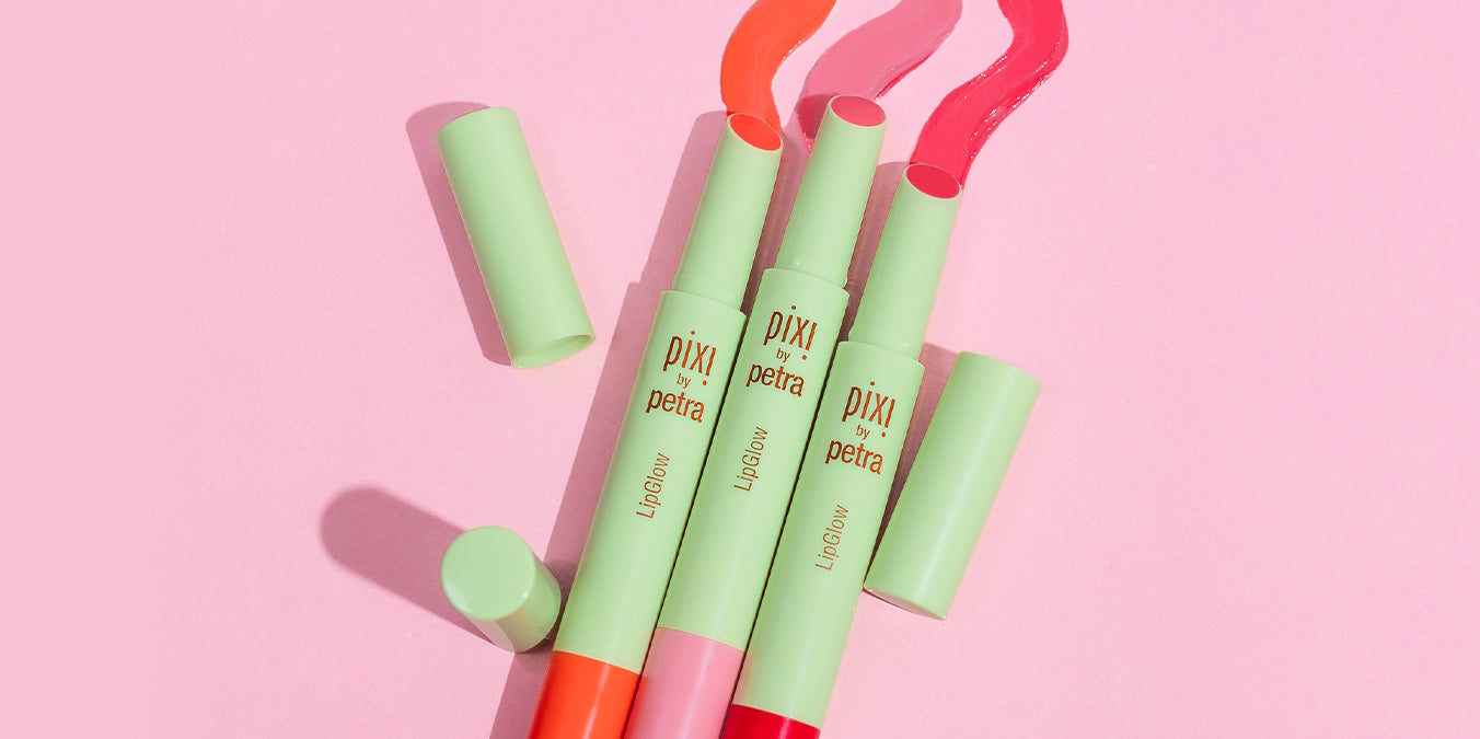 LipGlow shades shown on a pink background
