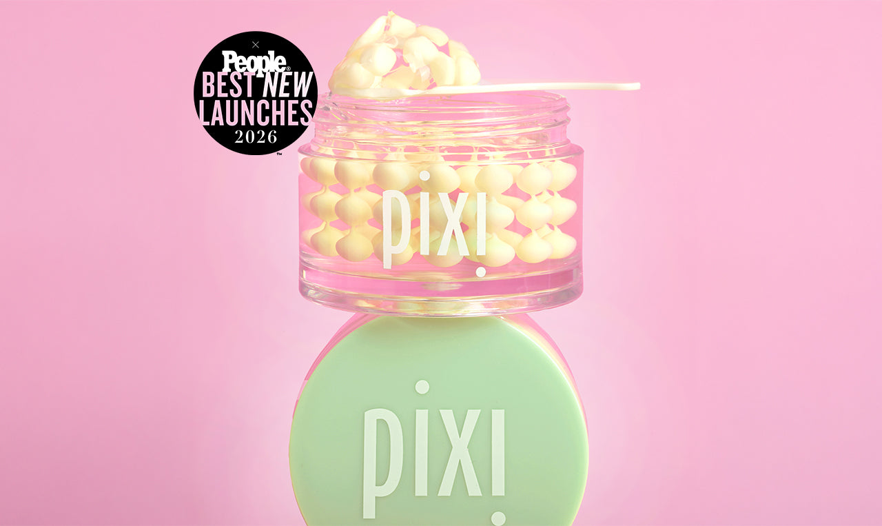 Pixi Vitamin-C CreamSerum product with pink lid and green cap on a pink background along with People Best New Launches 2026 sticker