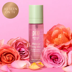 Makeup Fixing Mist on a pink background with roses and an "As Seen on TV" sticker