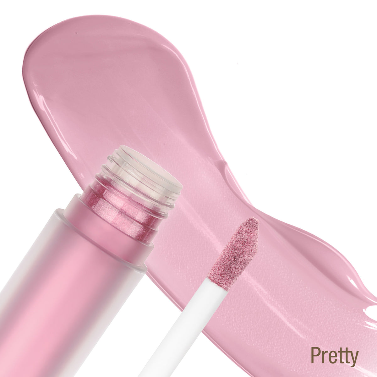 Pixi Liquid Glow Pretty view 1 Pink lip gloss with applicator and swatch on a white background