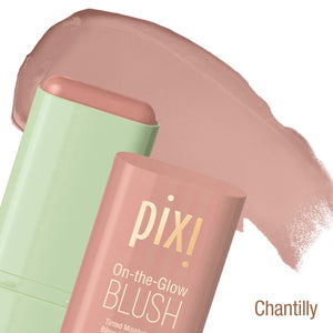 Pixi On-the-Glow Blush in Chantilly with product and swatch on a white background
