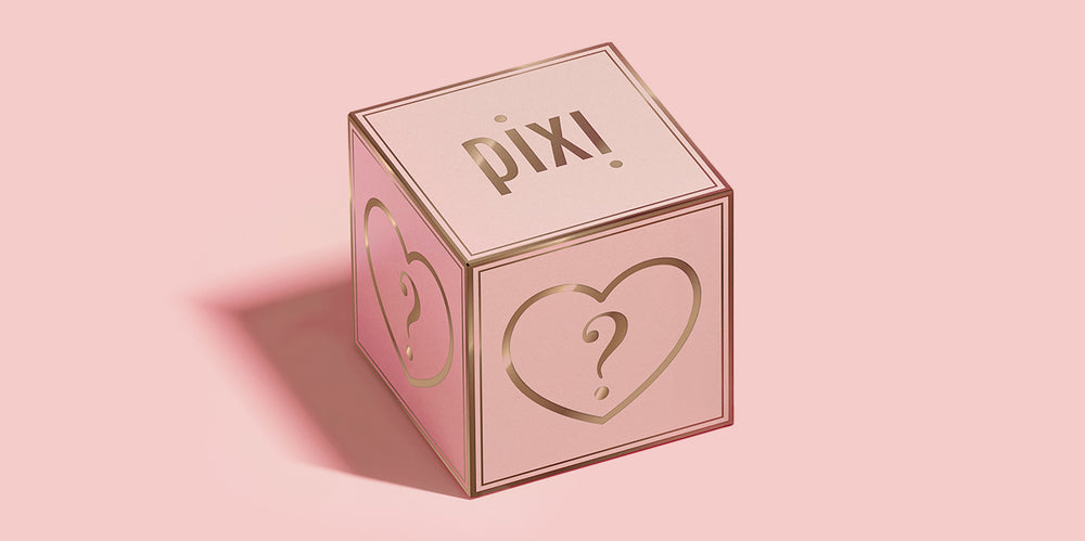 A pink Mystery Bundle box shown on a pink background 