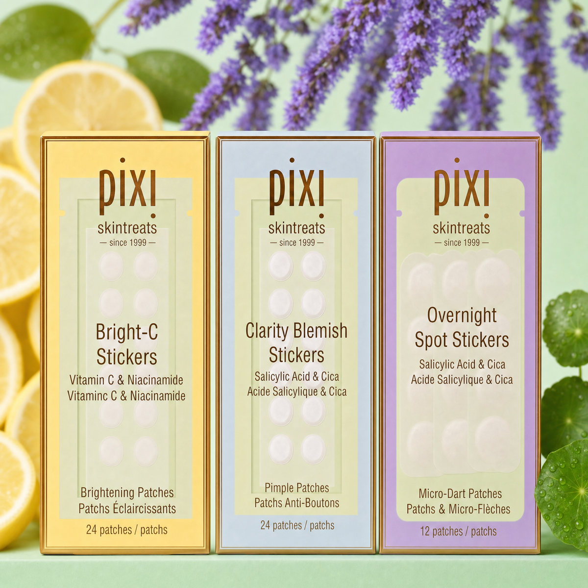 Three boxes of PIXI skincare stickers with lemon, lavender, and green leaves in the background.