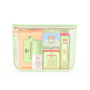  PIXI skincare product set with various items in a clear pouch on a white background