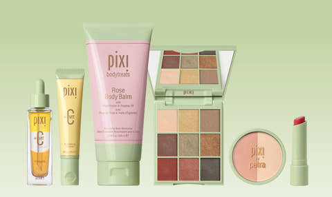 Collection of Pixi products shown on a gradiant white and green background. View 1
