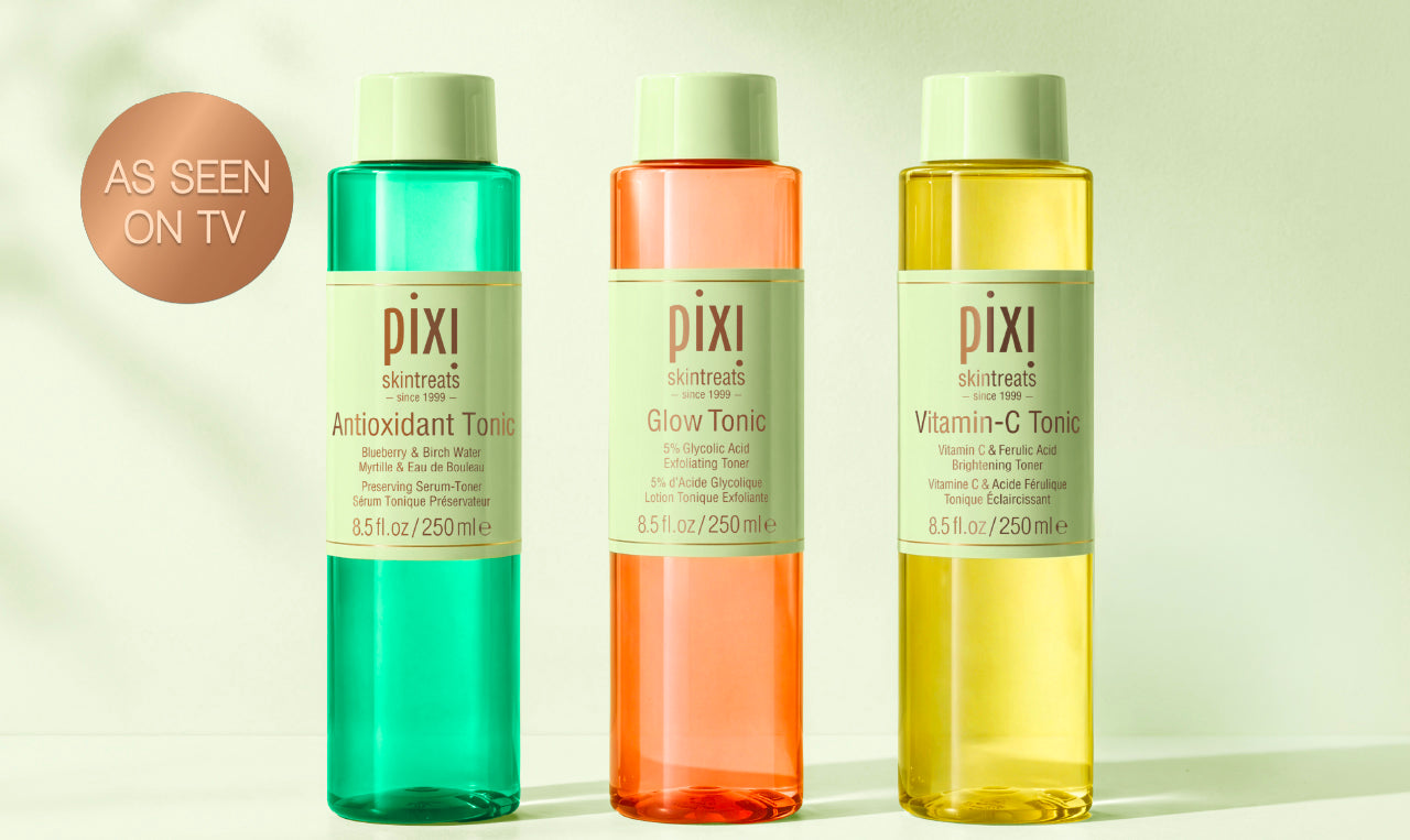 As Seen on TV: Antioxidant Tonic, Glow Tonic and Vitamin-C Tonic shown on a green background